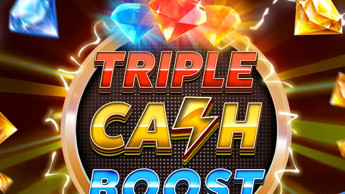 Interface do slot Triple Cash Boost com símbolos de frutas neon e diamantes brilhantes