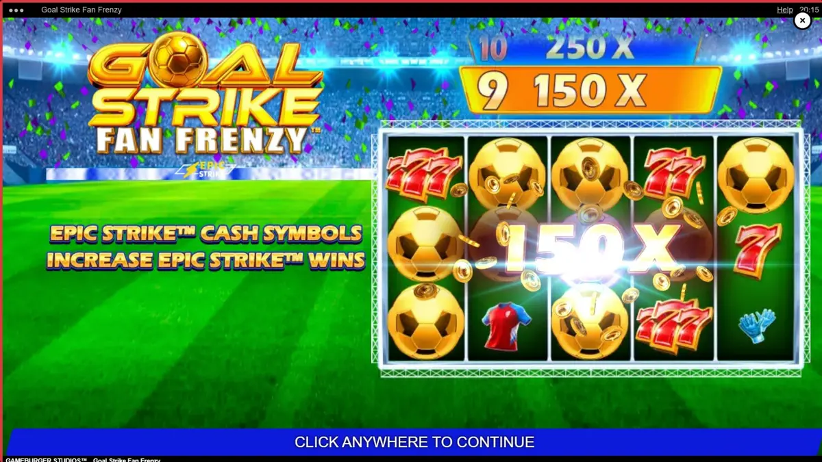 Interface vibrante do slot Goal Strike Fan Frenzy com tema de estádio de futebol